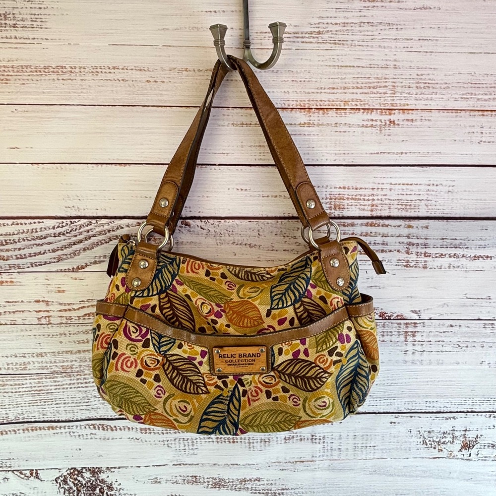 Floral Shoulder Bag M Relic Tan Canvas Floral Botanical Boho Artsy Earthy Whimsy